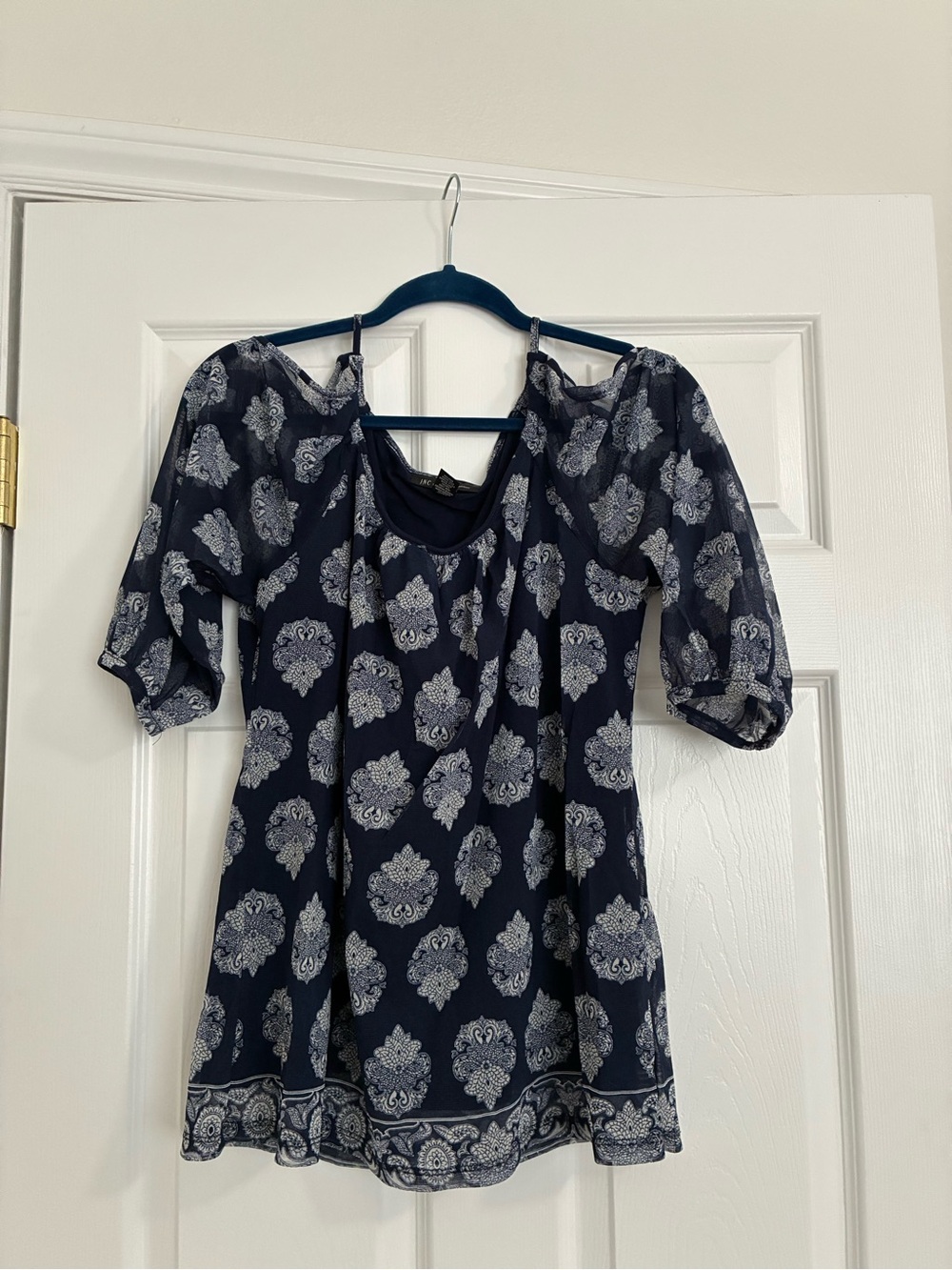 INC International Concepts Navy Blue & White Printed Peasant Blouse